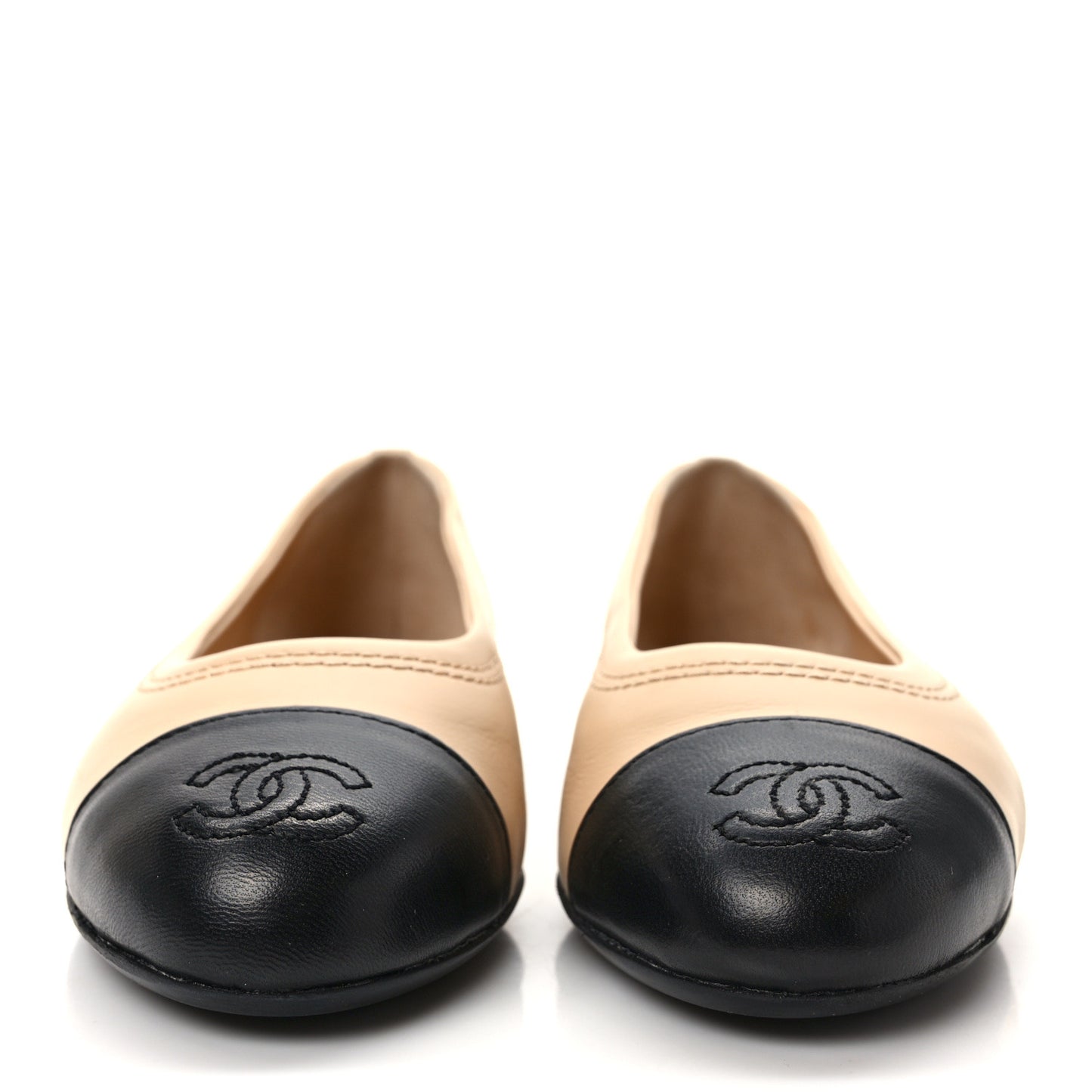 Lambskin Cap Toe CC Uniform Ballerina Flats 35.5 Beige Black