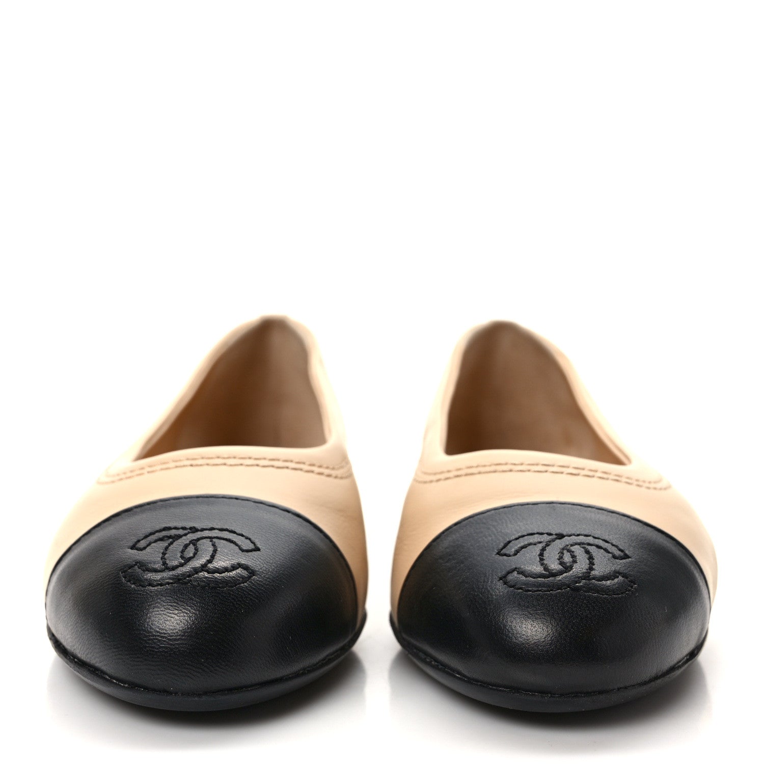 Chanel Lambskin Cap Toe CC Uniform Ballerina Flats 35.5 Beige Black 2 of 8