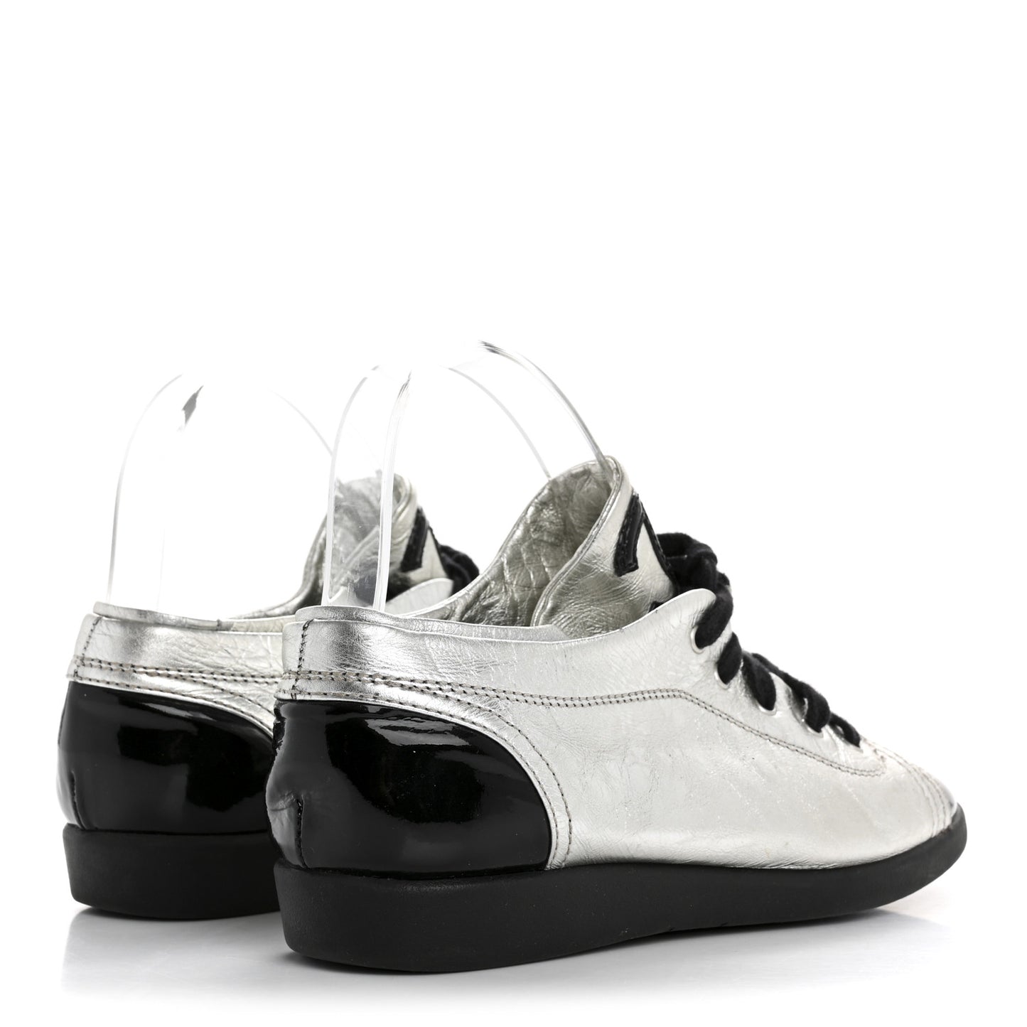 Metallic Lambskin Patent Cap Toe CC Sneakers 38.5 Silver Black