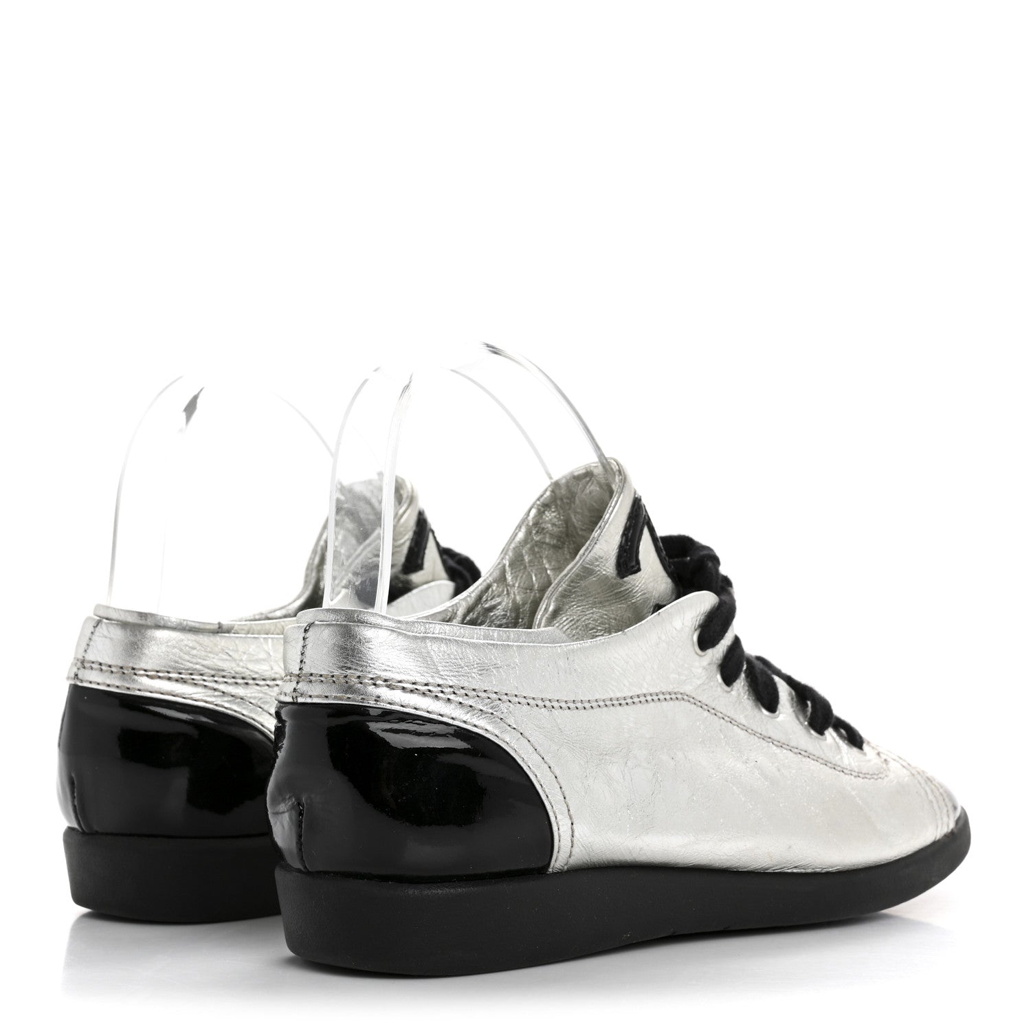 Chanel Metallic Lambskin Patent Cap Toe CC Sneakers 38.5 Silver Black 5 of 12