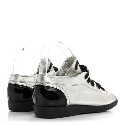 Chanel Metallic Lambskin Patent Cap Toe CC Sneakers 38.5 Silver Black 5 of 12