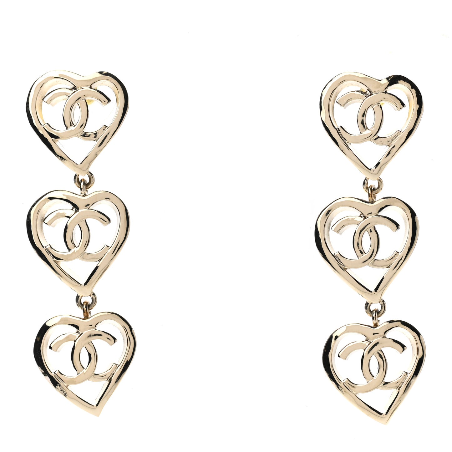 Metal CC Triple Heart Drop Earrings Gold