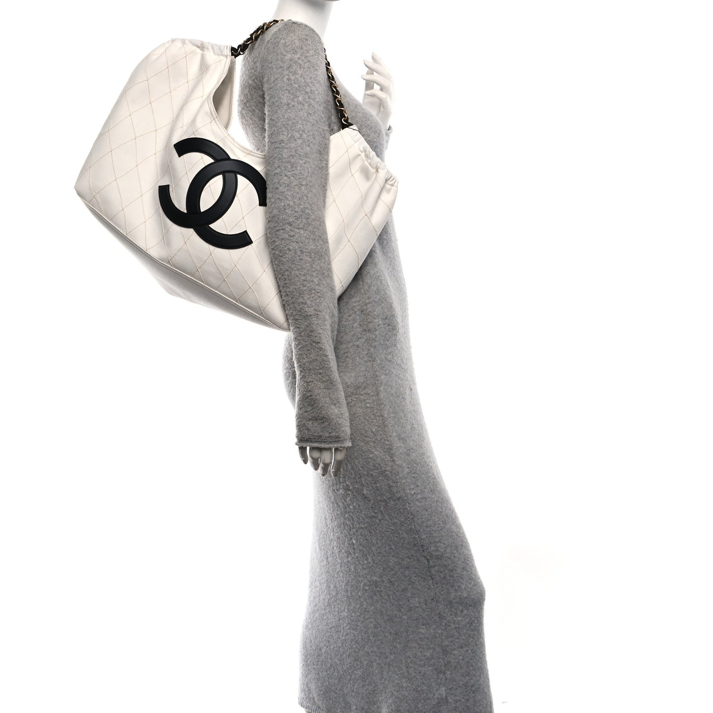 Denim Calfskin Quilted Coco Beach Small Shopping Tote White Black