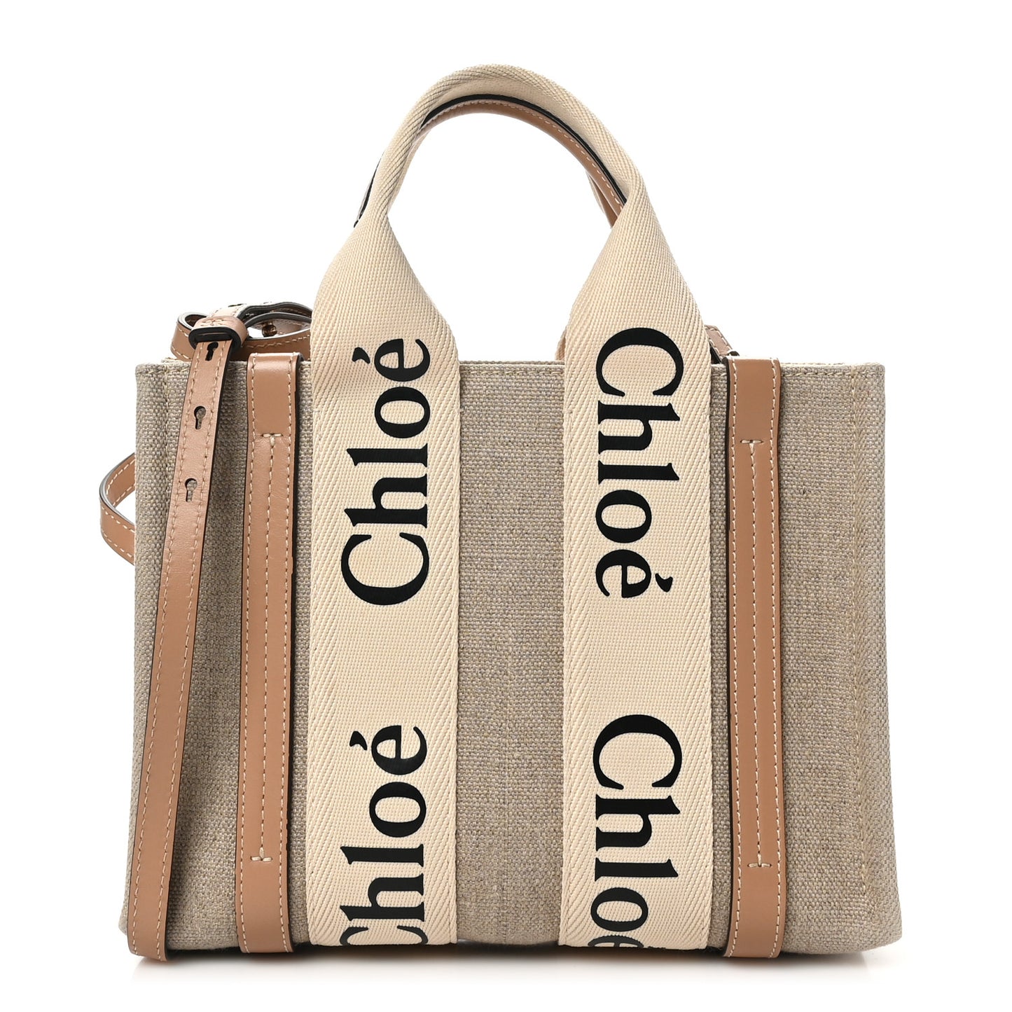 Linen Calfskin Small Woody Ribbon Tote With Strap White Light Brown