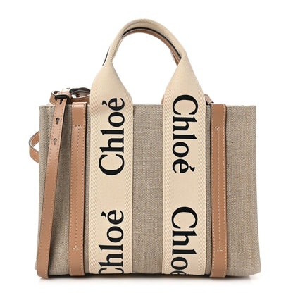 Chloe Linen Calfskin Small Woody Ribbon Tote With Strap White Light Brown 1 of 10