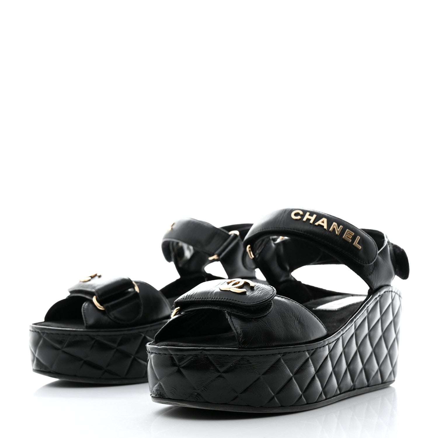 Chanel Shiny Calfskin Logo Platform Sandals 37 Black 3 of 9