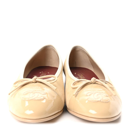 Chanel Suede Patent Calfskin Cap Toe CC Ballerina Flats 37 Beige 3 of 10