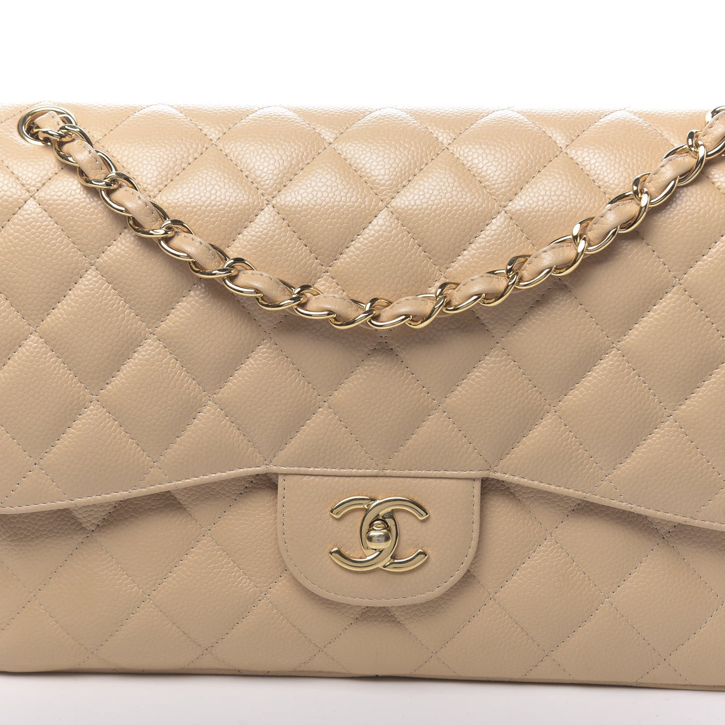 Caviar Quilted Jumbo Double Flap Beige Clair