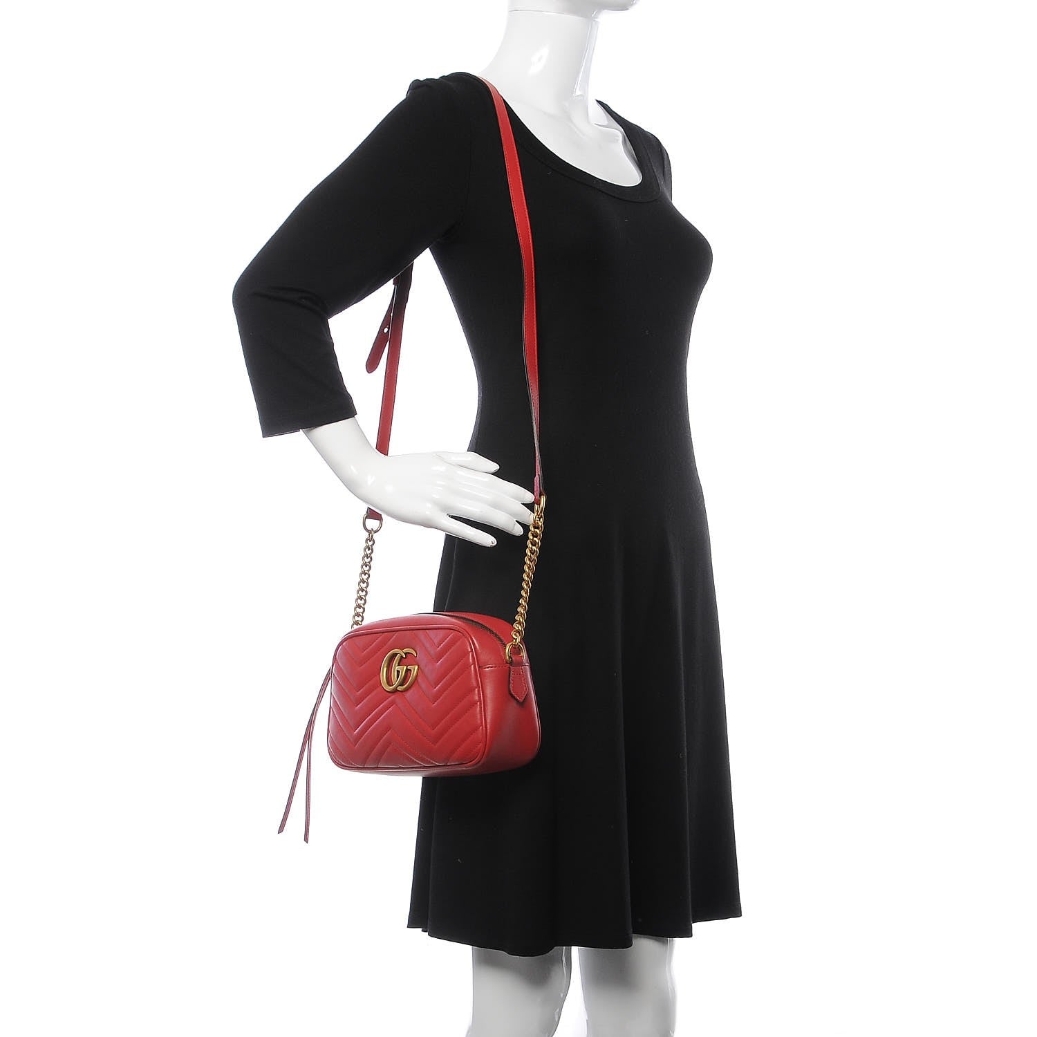 Gucci Calfskin Matelasse Small GG Marmont Chain Shoulder Bag Hibiscus Red 2 of 7