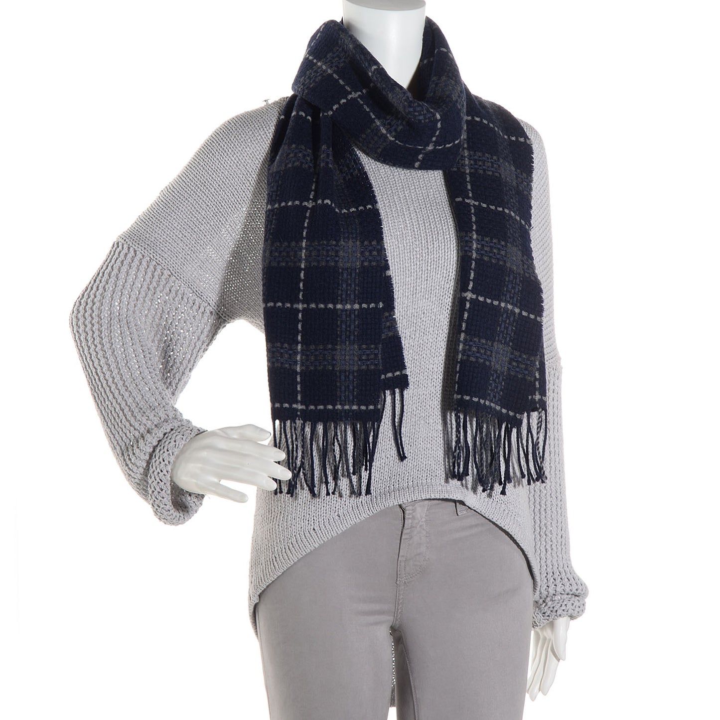 Cashmere Check Fringe Scarf Dark Blue Black