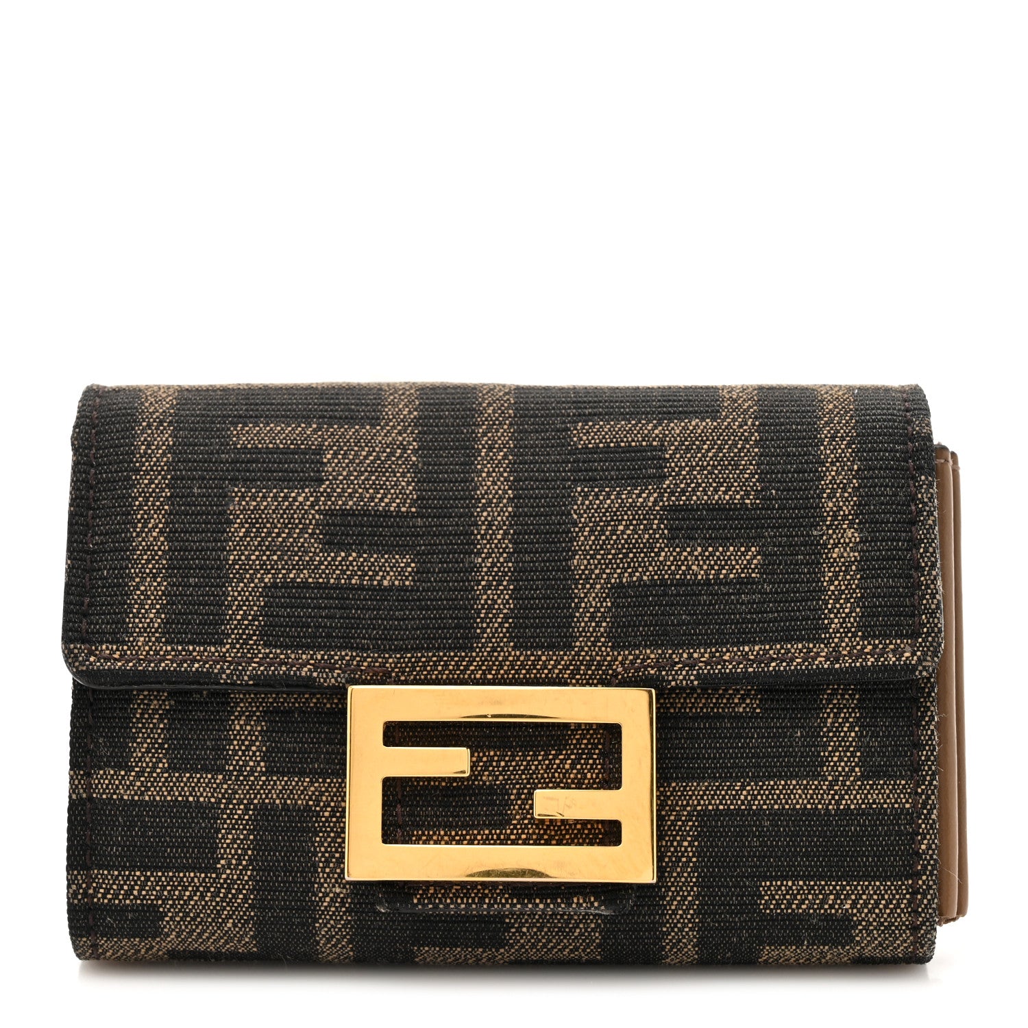 Fendi Fabric Jacquard FF 1974 Flap Card Holder Tobacco Moro 1 of 8