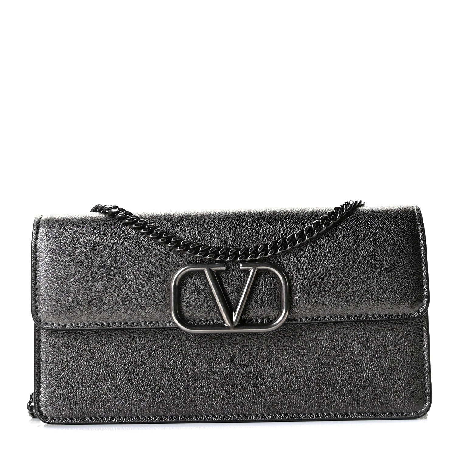 Valentino Garavani Calfksin Vlogo Wallet On Chain Grey 1 of 10