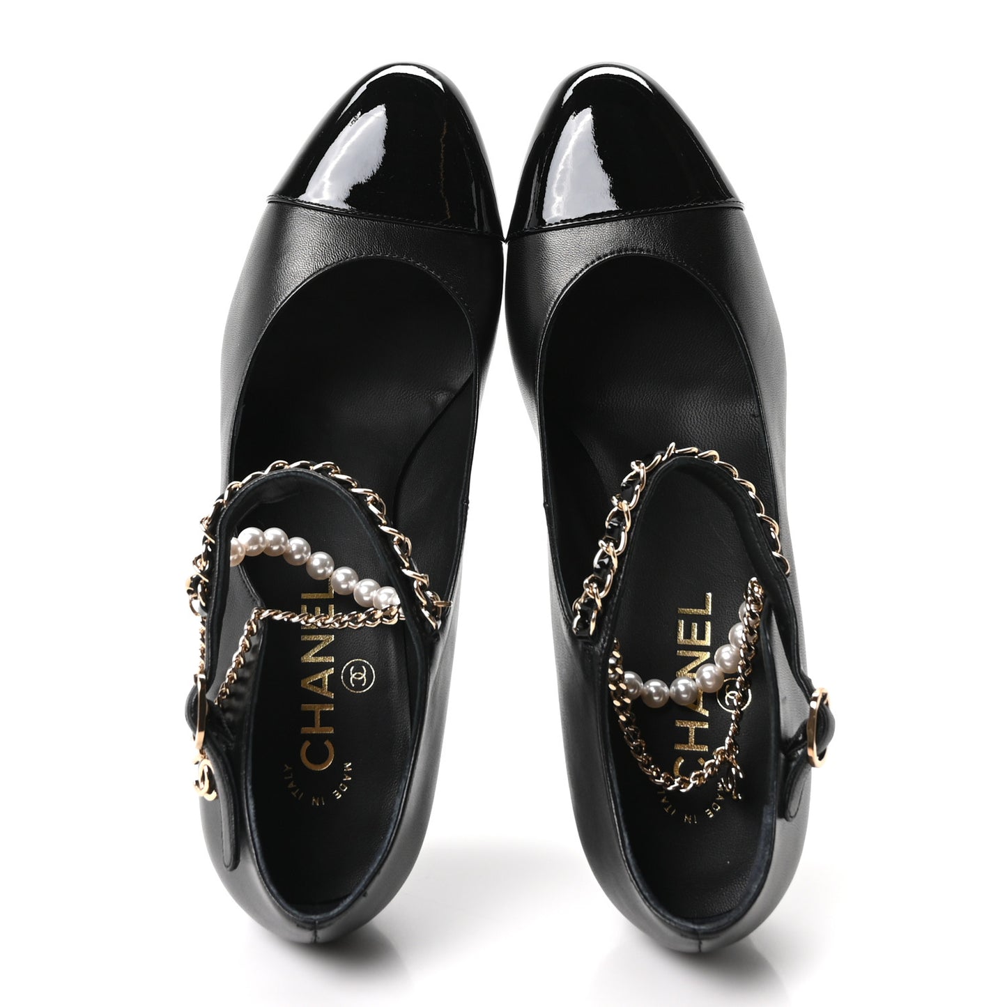 Shiny Lambskin Patent Calfskin Cap Toe Ankle Pearl Chain Pumps 39.5 Black
