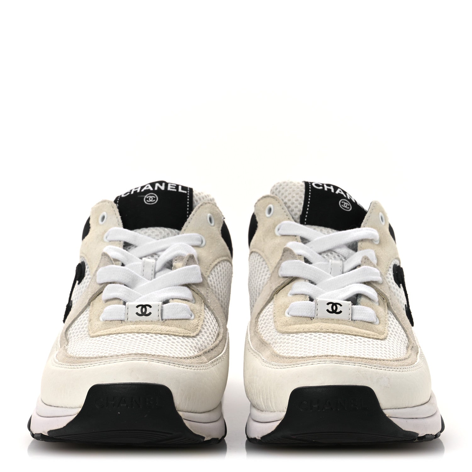 Chanel Mesh Suede Calfskin Grained Calfskin Womens CC Sneakers 38 White Black 4 of 11