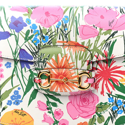 Gucci X KEN SCOTT New Shangai Calfskin Jardin D'Avril Floral Print Horsebit 1955 Shoulder Bag Ivory Pink Wild Rose 10 of 11