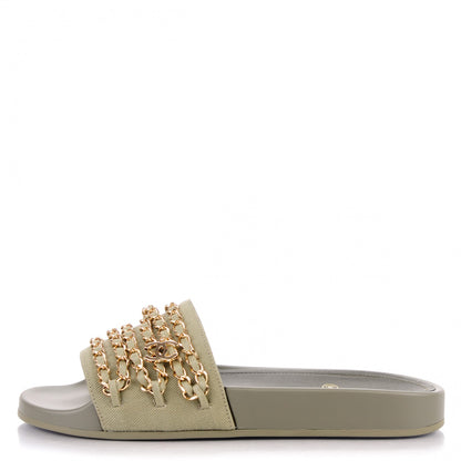 Chanel Lambskin Canvas Chain Flat Sandals 38 Khaki 1 of 7