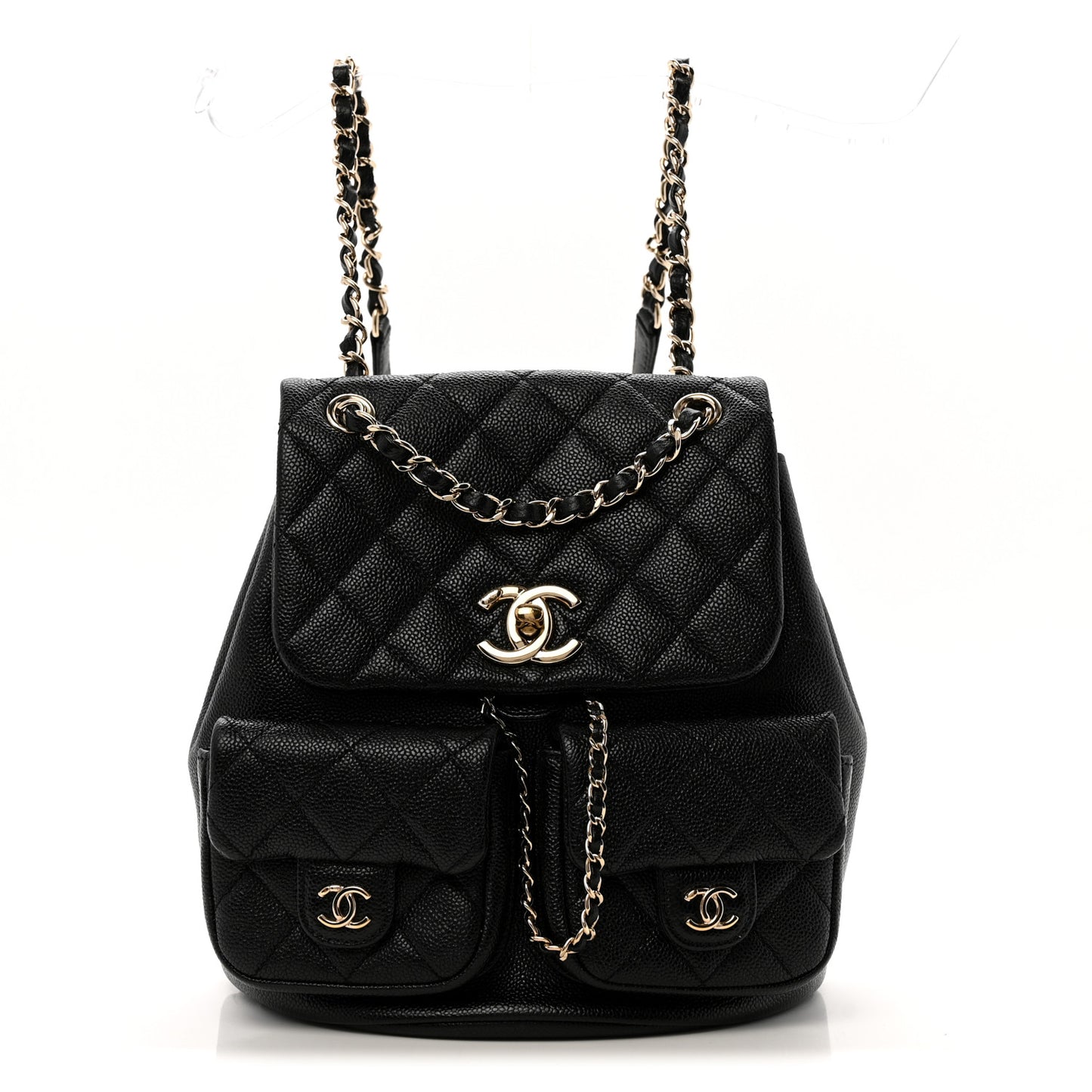 Shiny Caviar Quilted Medium Duma Pockets Drawstring Backpack Black