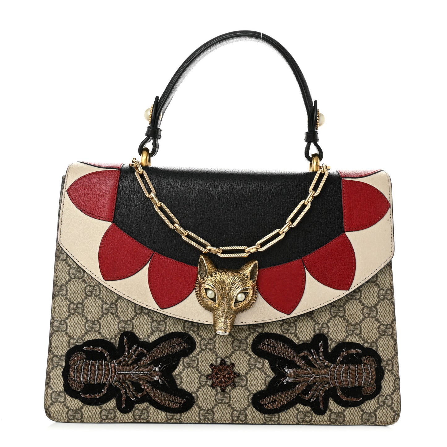 GG Supreme Monogram Goatskin Pearl Embroidered Medium Fox Broche Top Handle Bag Beige Ebony Black Hibiscus Red Mystic White