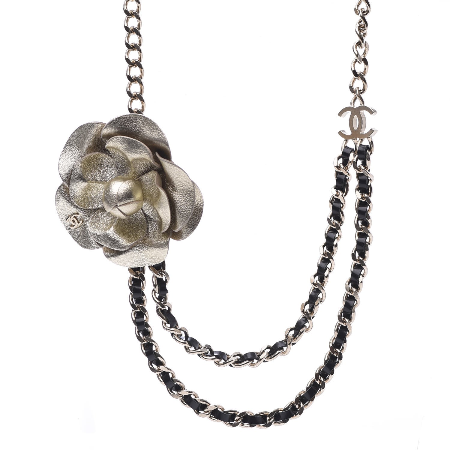 Chanel Glazed Calfskin CC Camellia Chain Necklace Gold Black 1 of 11