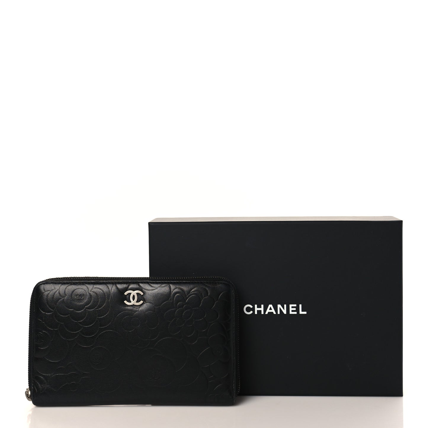 Lambskin Camellia Embossed Zip Around Organizer Wallet Black
