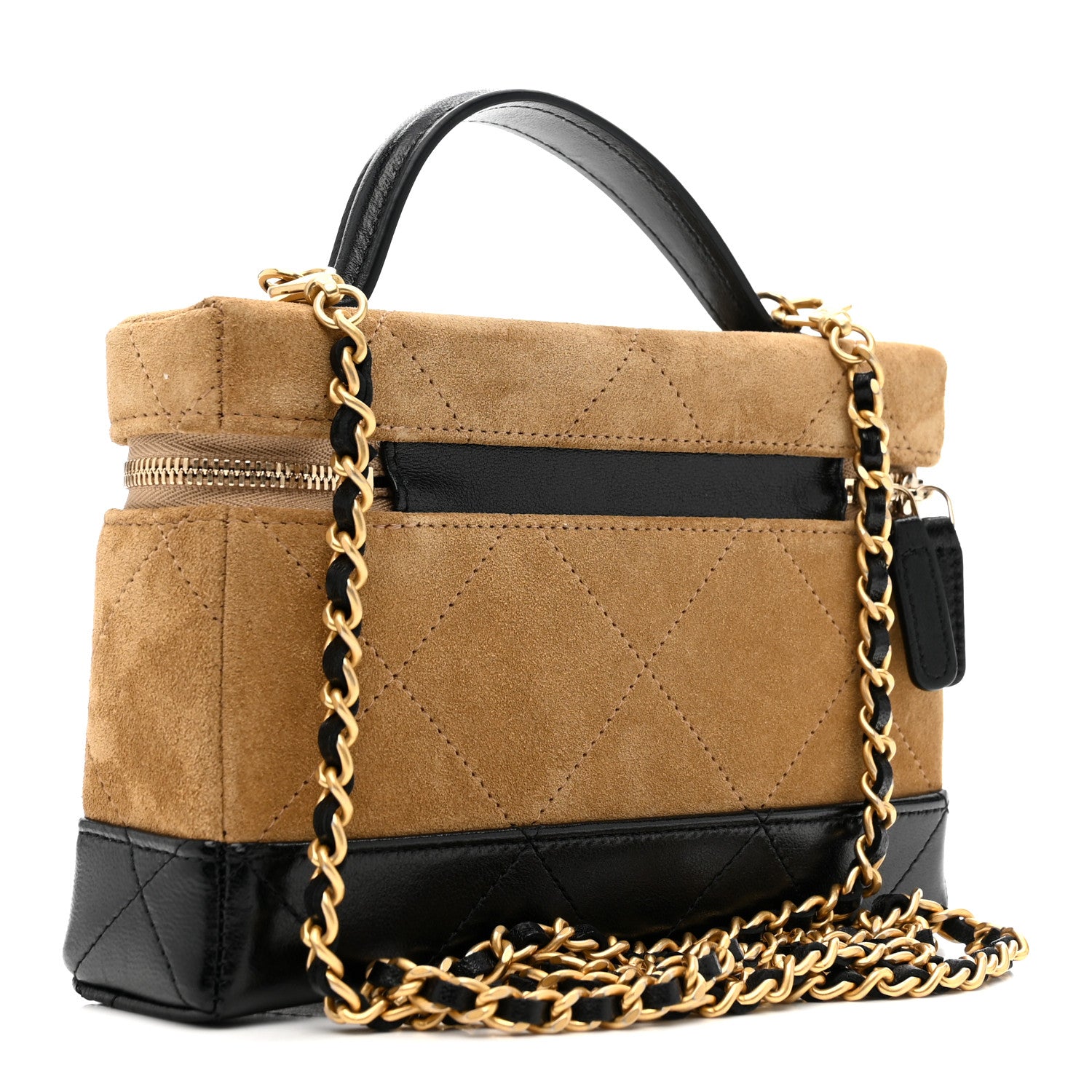 Chanel Suede Calfskin Shiny Lambskin Quilted Top Handle Slim Vanity Case With Chain Beige Black 3 of 11