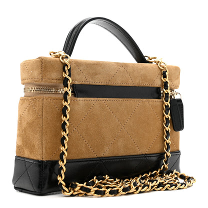 Chanel Suede Calfskin Shiny Lambskin Quilted Top Handle Slim Vanity Case With Chain Beige Black 3 of 11