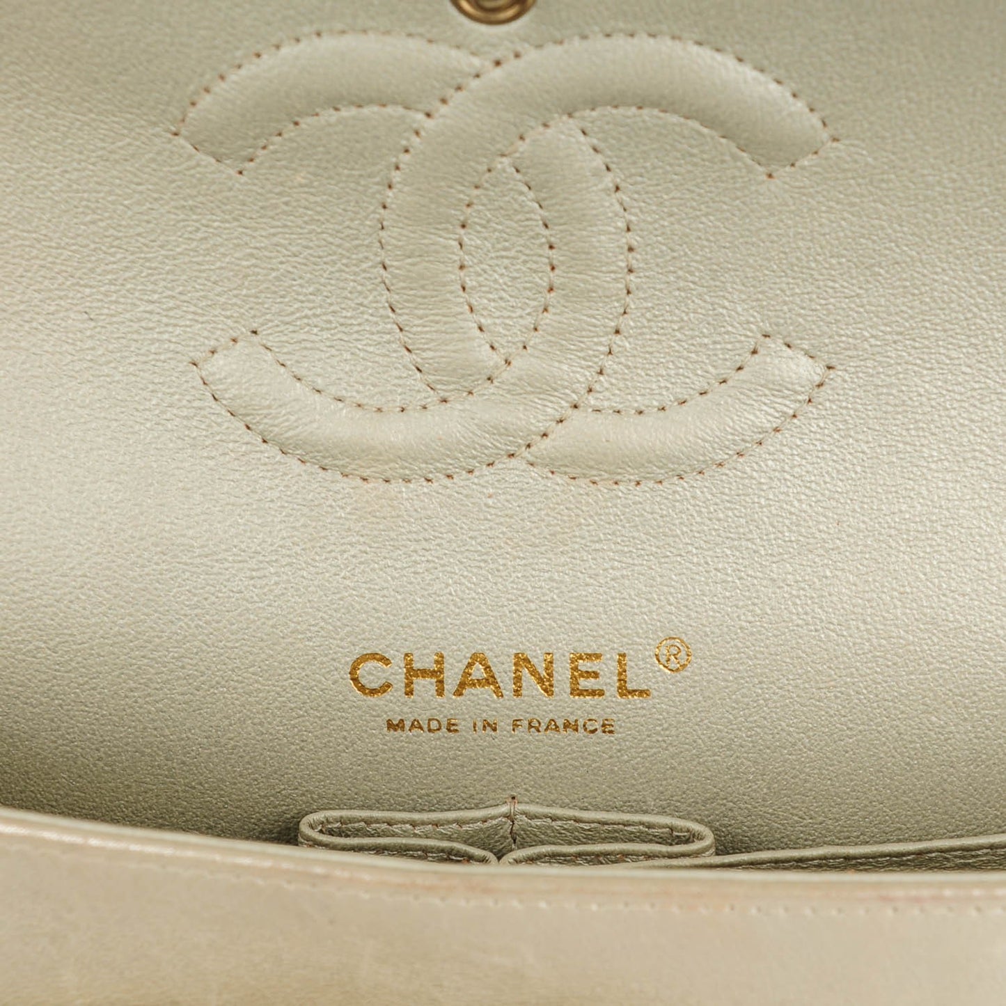 Iridescent Calfskin Quilted Medium Double Flap Light Gold