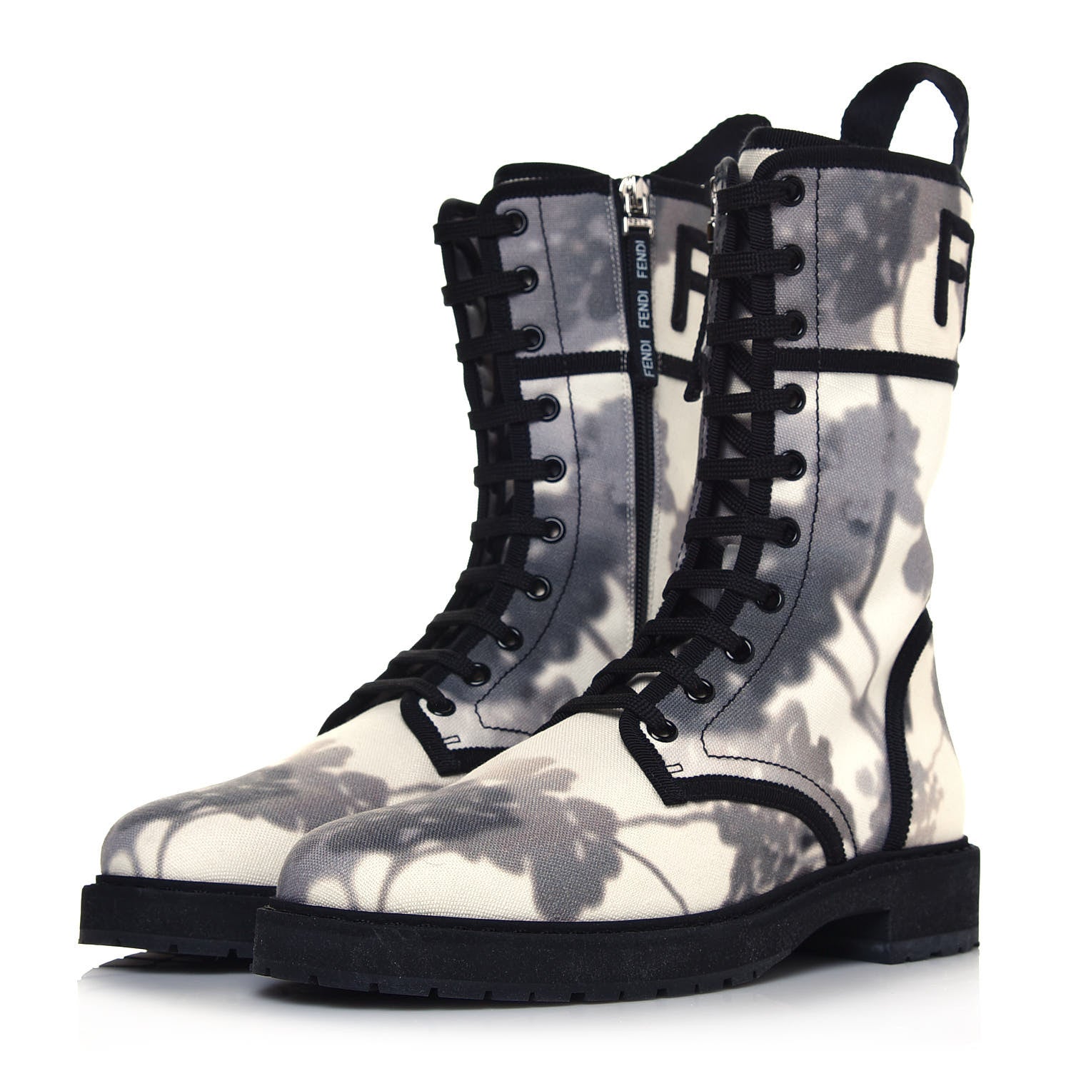 Fendi Canvas Floral Print Logo Bi-Color Womens Biker Boots 39 White Black 3 of 7