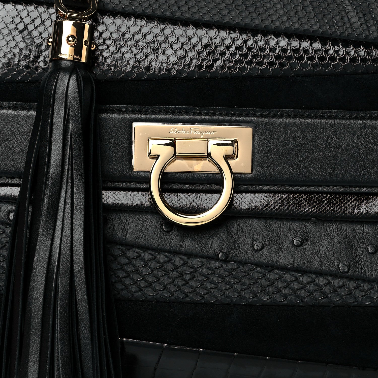 Salvatore Ferragamo Python Crocodile Ostrich Medium Sofia Satchel Black 7 of 9