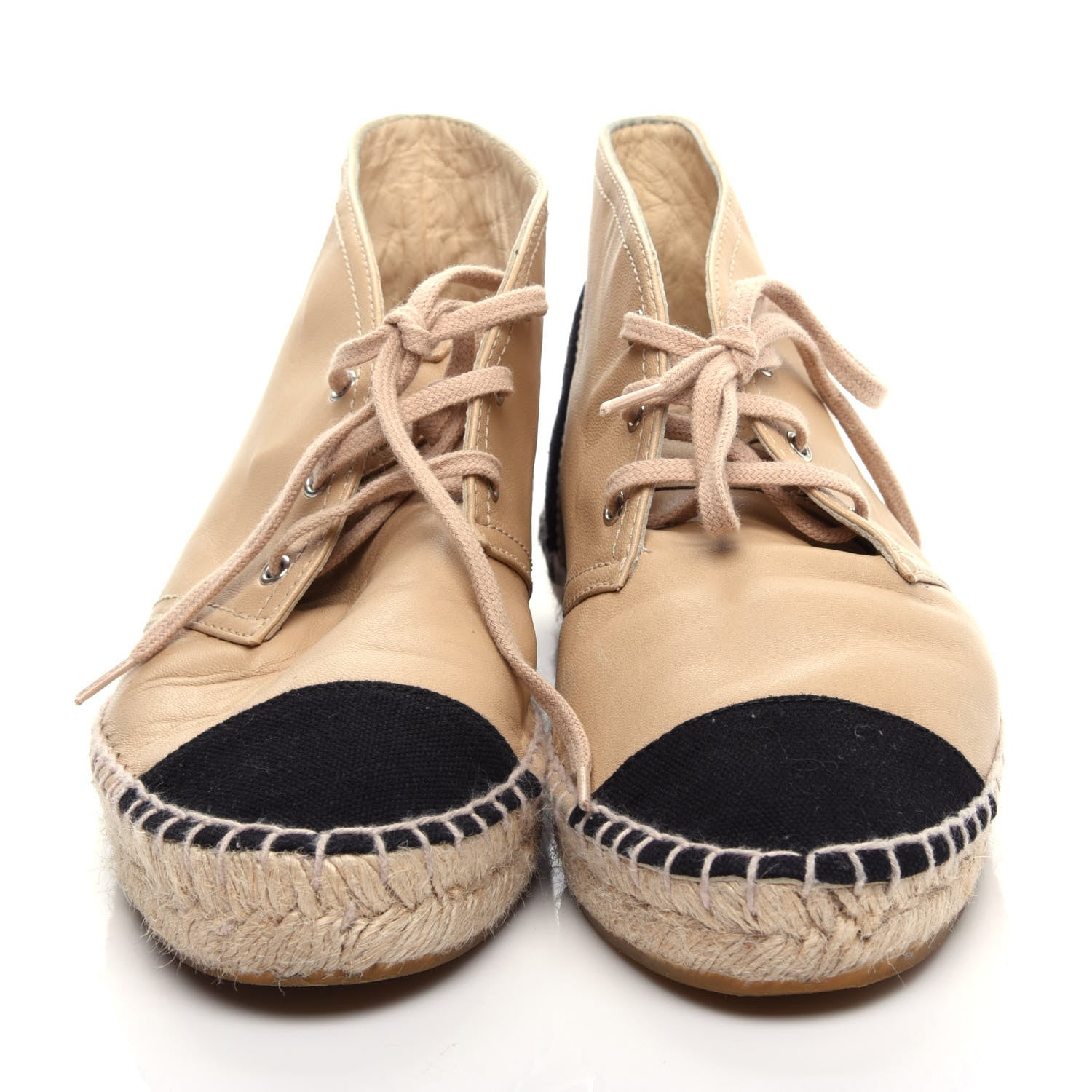 Chanel Lambskin Canvas Cap Toe Lace Up Espadrilles 38 Dark Beige Black 2 of 12
