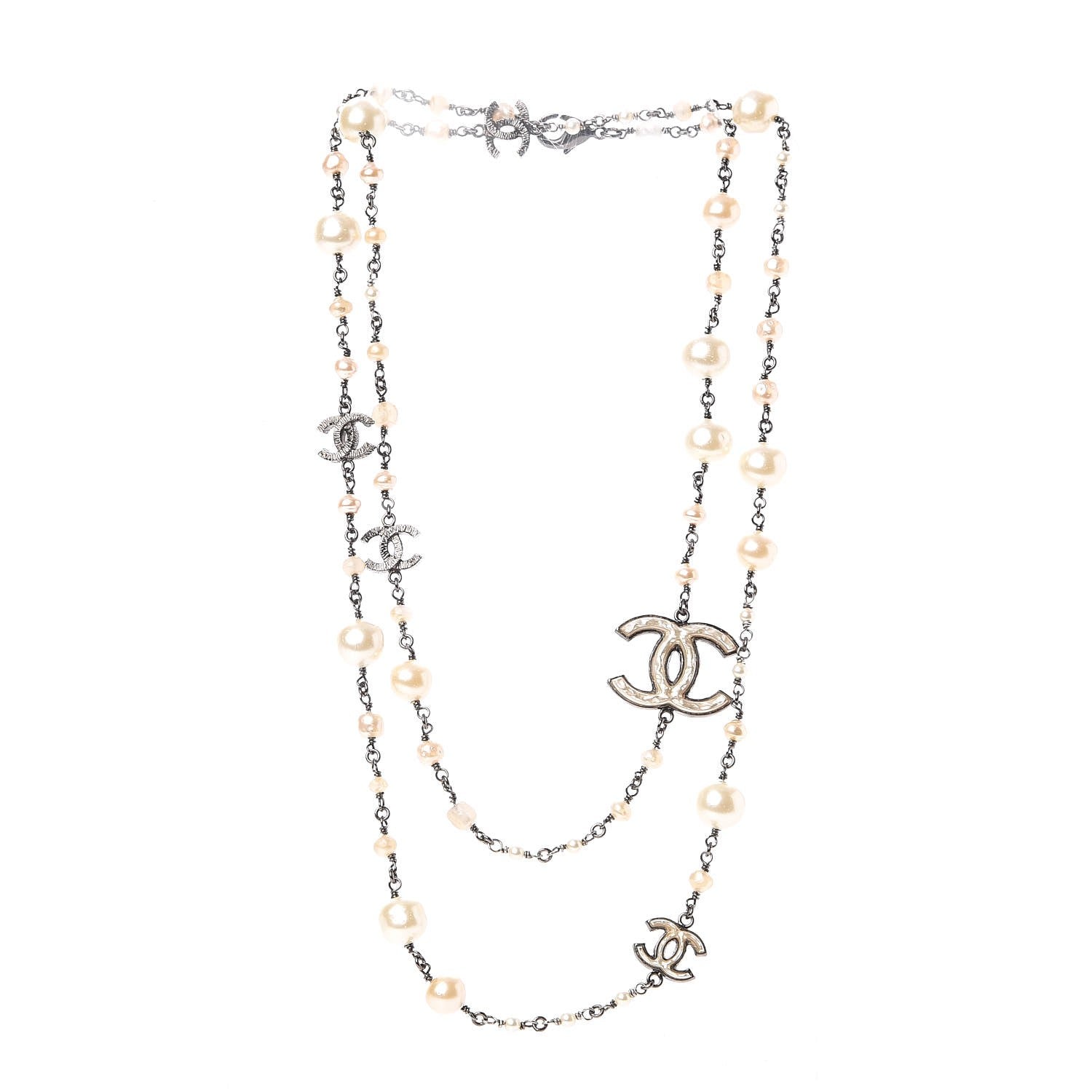 Chanel Ruthenium Enamel Graduated Baroque Pearl CC Long Necklace 3 of 11