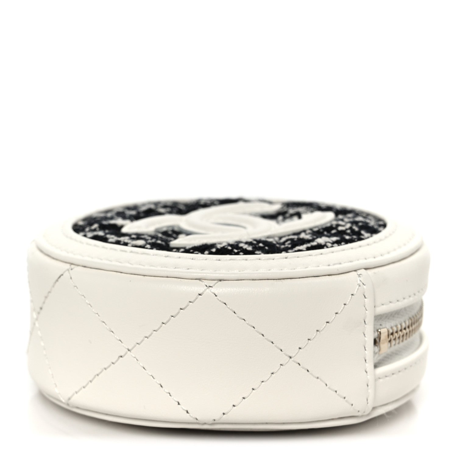 Chanel Tweed Quilted Round Filigree Pouch With Chain White Black 4 of 10