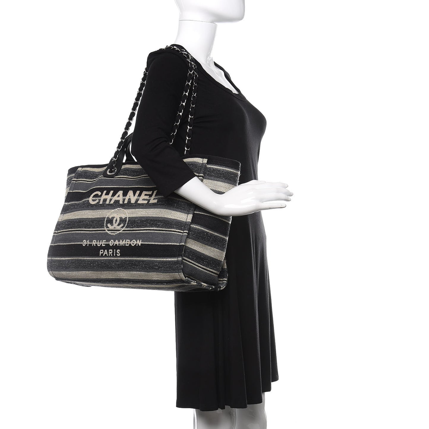 Striped Canvas Medium Deauville Tote Black