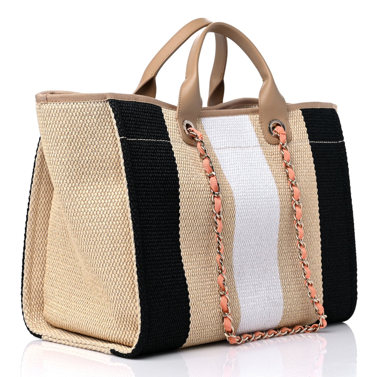 Straw Raffia Calfskin Striped Medium Deauville Tote Black Beige Ivory