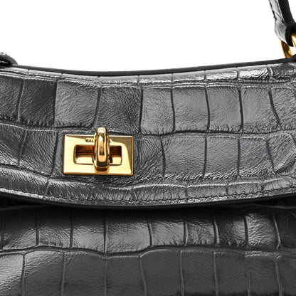 Balenciaga Shiny Calfskin Crocodile Embossed Small Rodeo Top Handle Handbag Grey 9 of 12