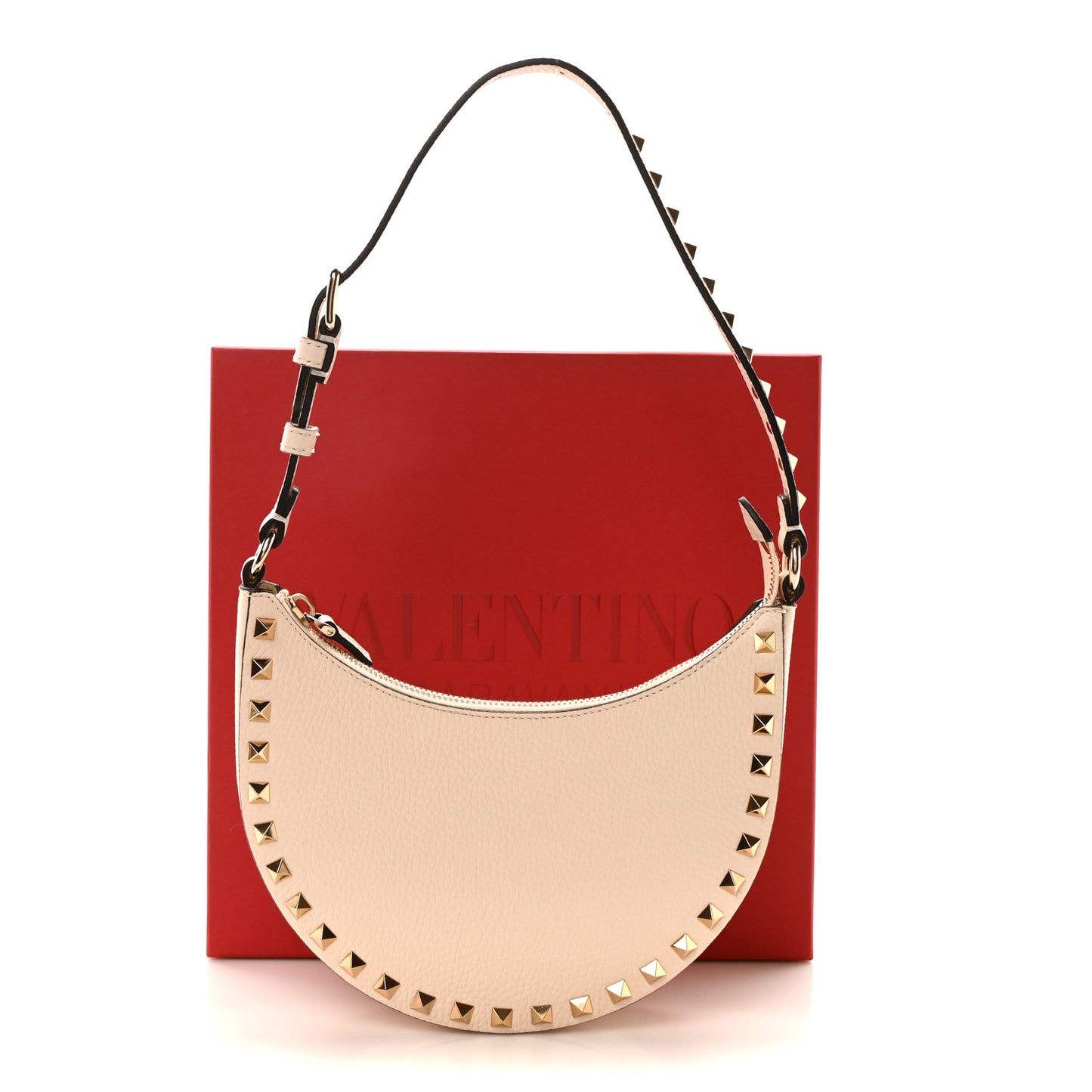 Grainy Calfskin Mini Rockstud Hobo Ivory
