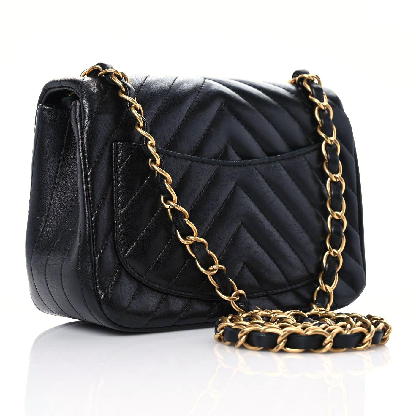 Lambskin Chevron Quilted Mini Square Flap Black