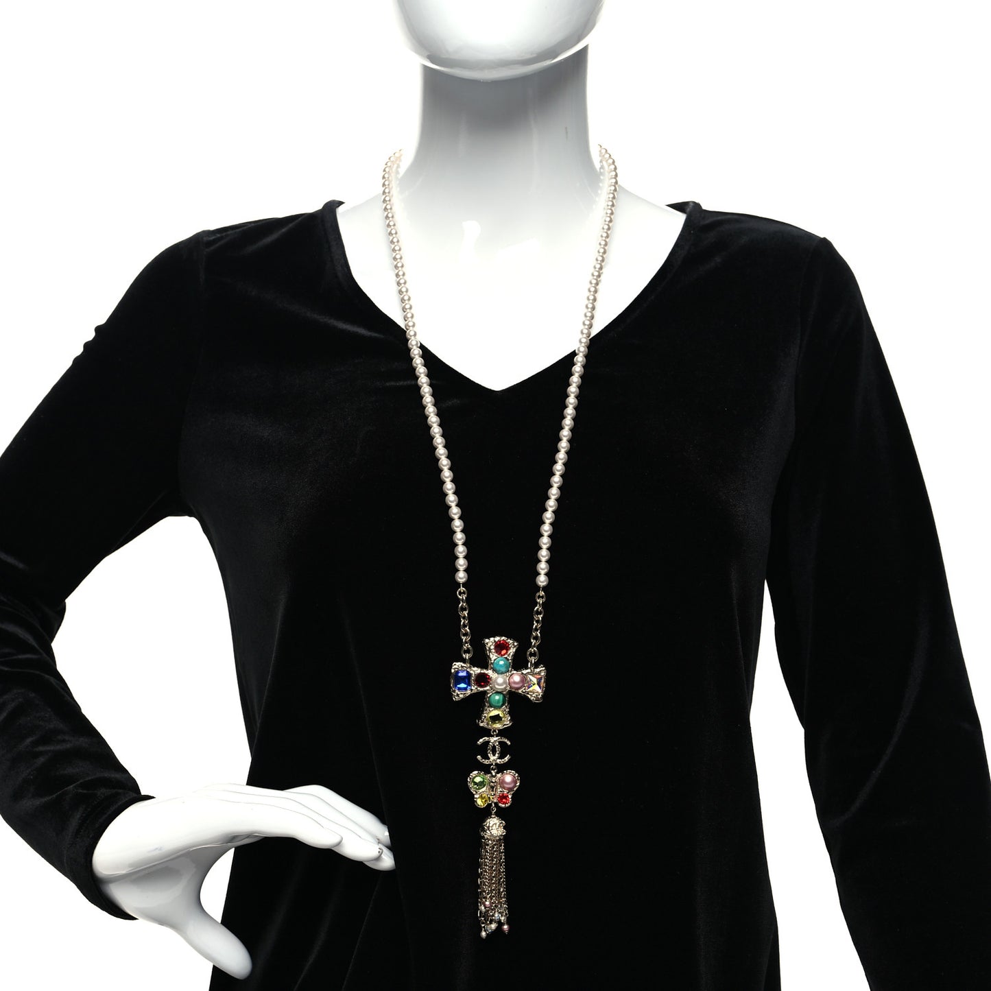 Beaded Pearl CC Pendant Necklace Gold Multicolor