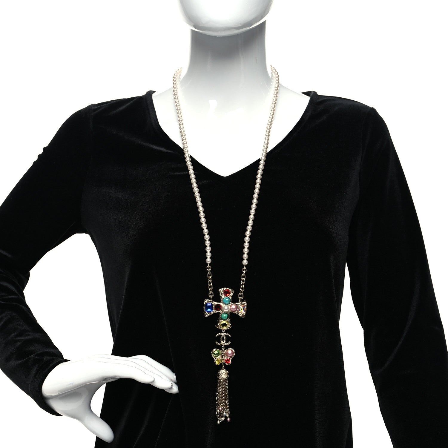 Chanel Beaded Pearl CC Pendant Necklace Gold Multicolor 2 of 5