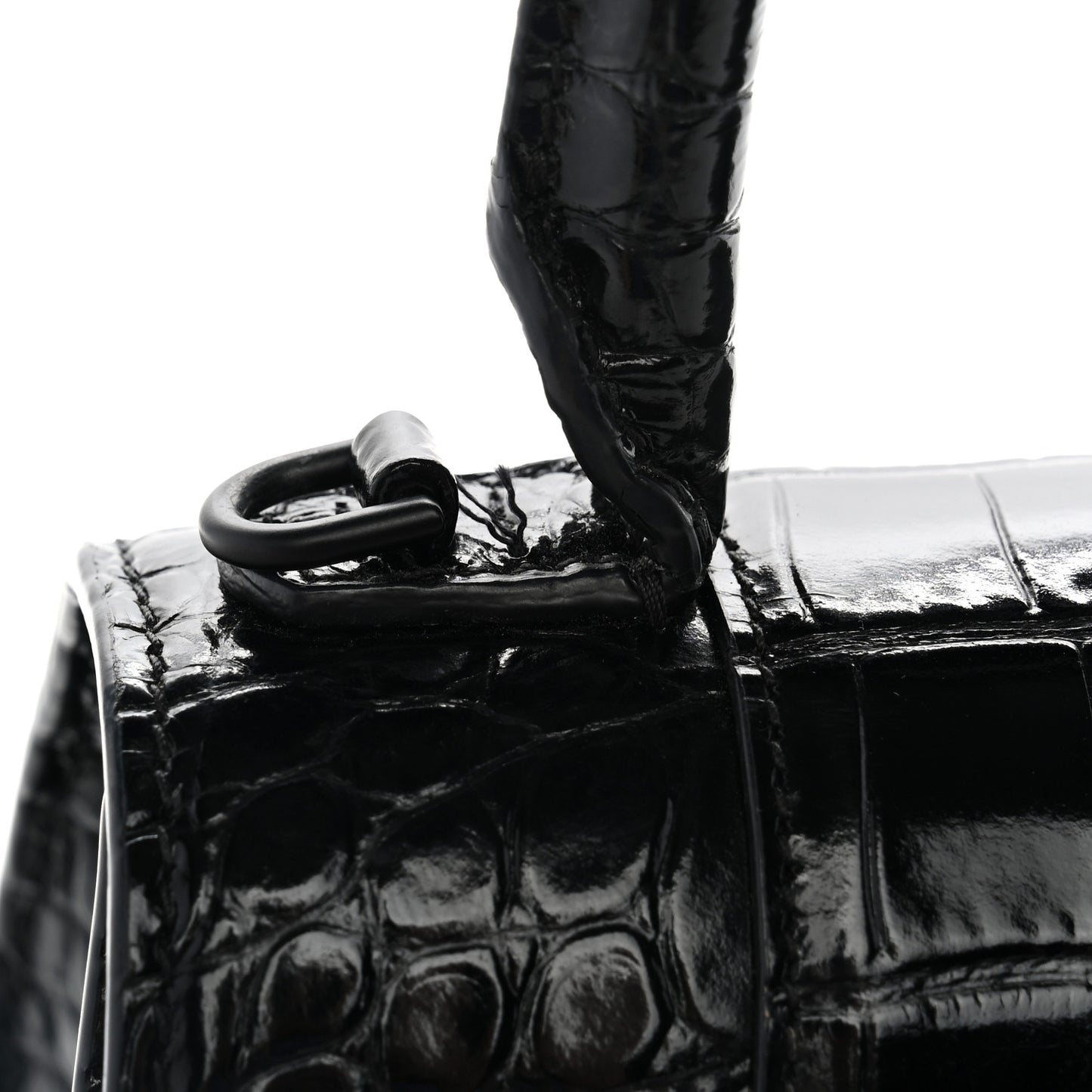 Shiny Calfskin Monochrome Crocodile Embossed Small Hourglass Top Handle Bag Black