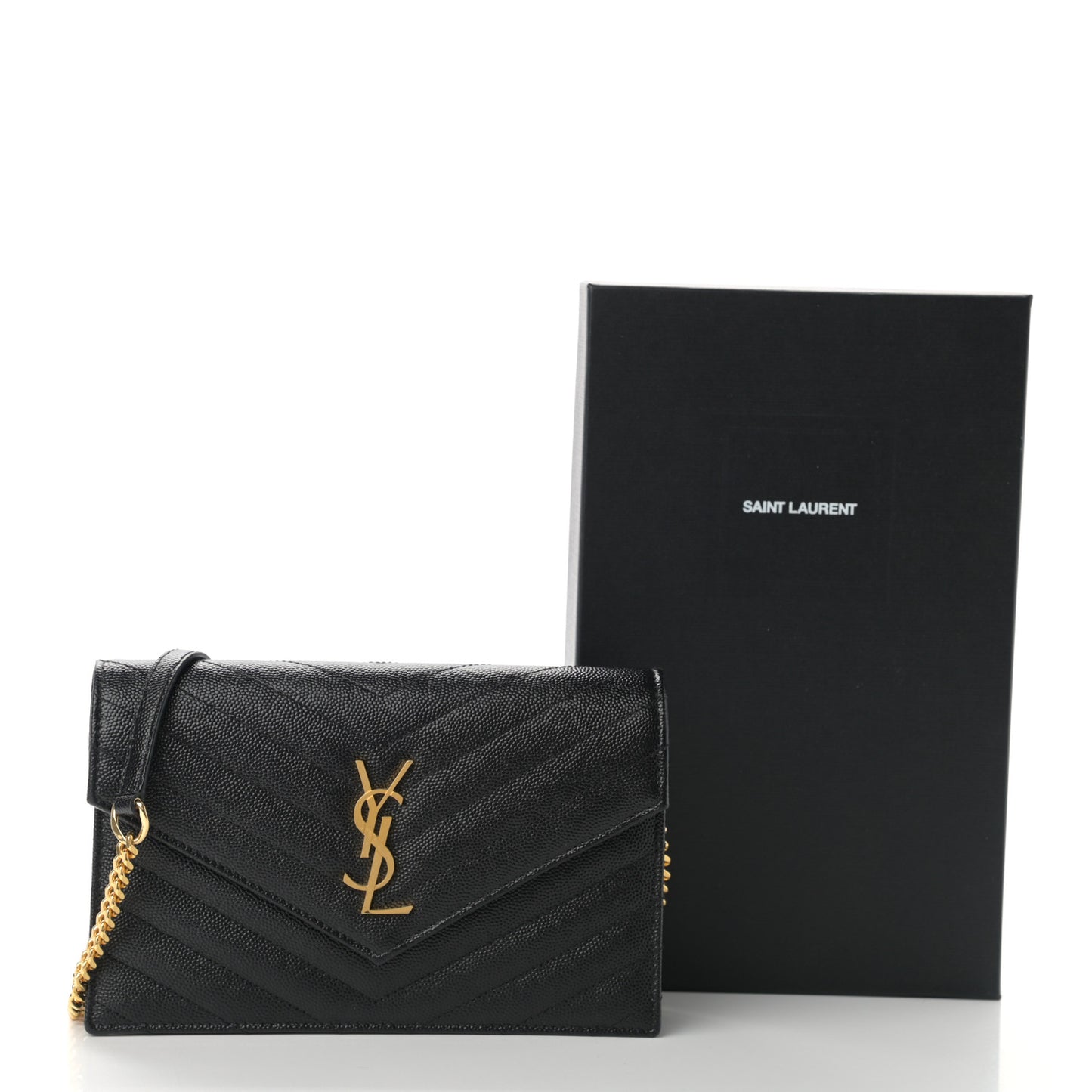 Grain De Poudre Matelasse Chevron Monogram Envelope Chain Wallet Black