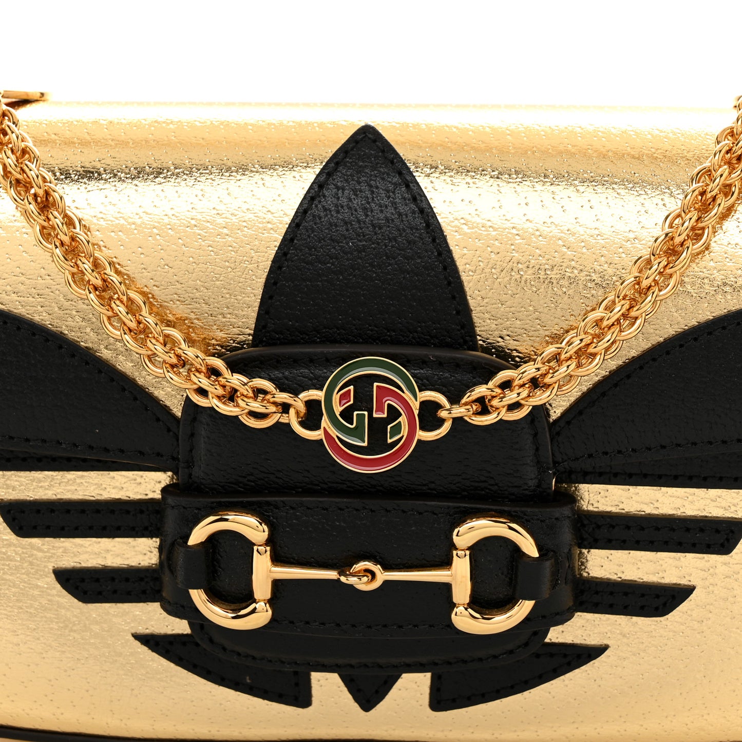 X ADIDAS Textured Dollar Calfskin Web Trefoil Horsebit 1955 Shoulder Bag King Gold Black