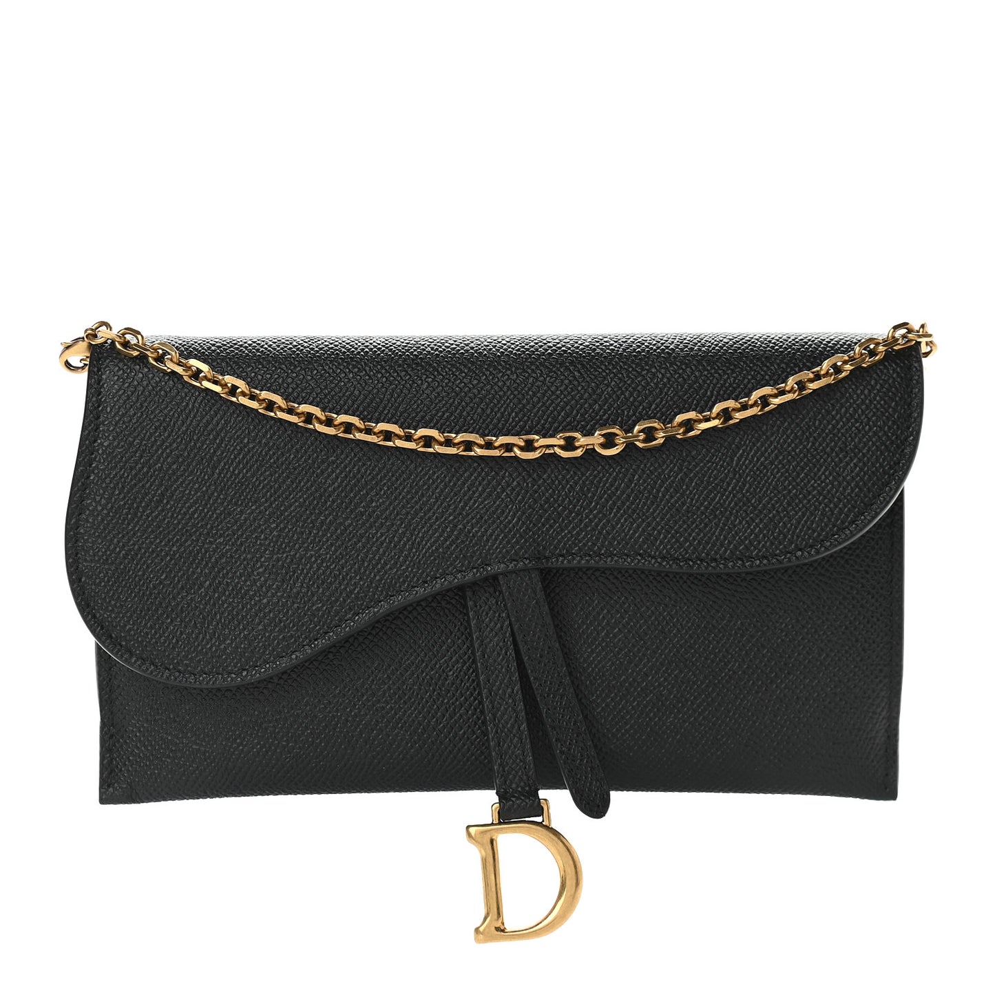 Grained Calfskin Saddle Chain Wallet Pouch Black