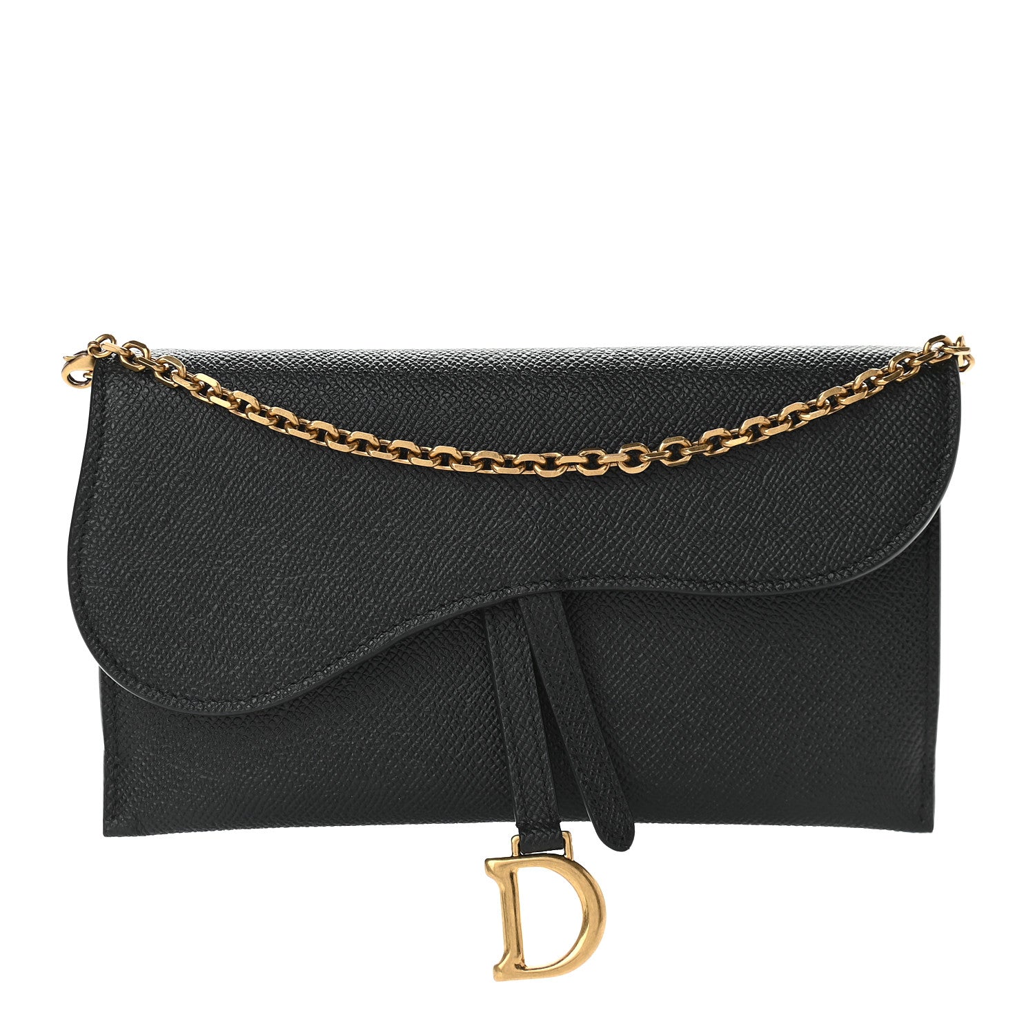 Christian Dior Grained Calfskin Saddle Chain Wallet Pouch Black 1 of 10