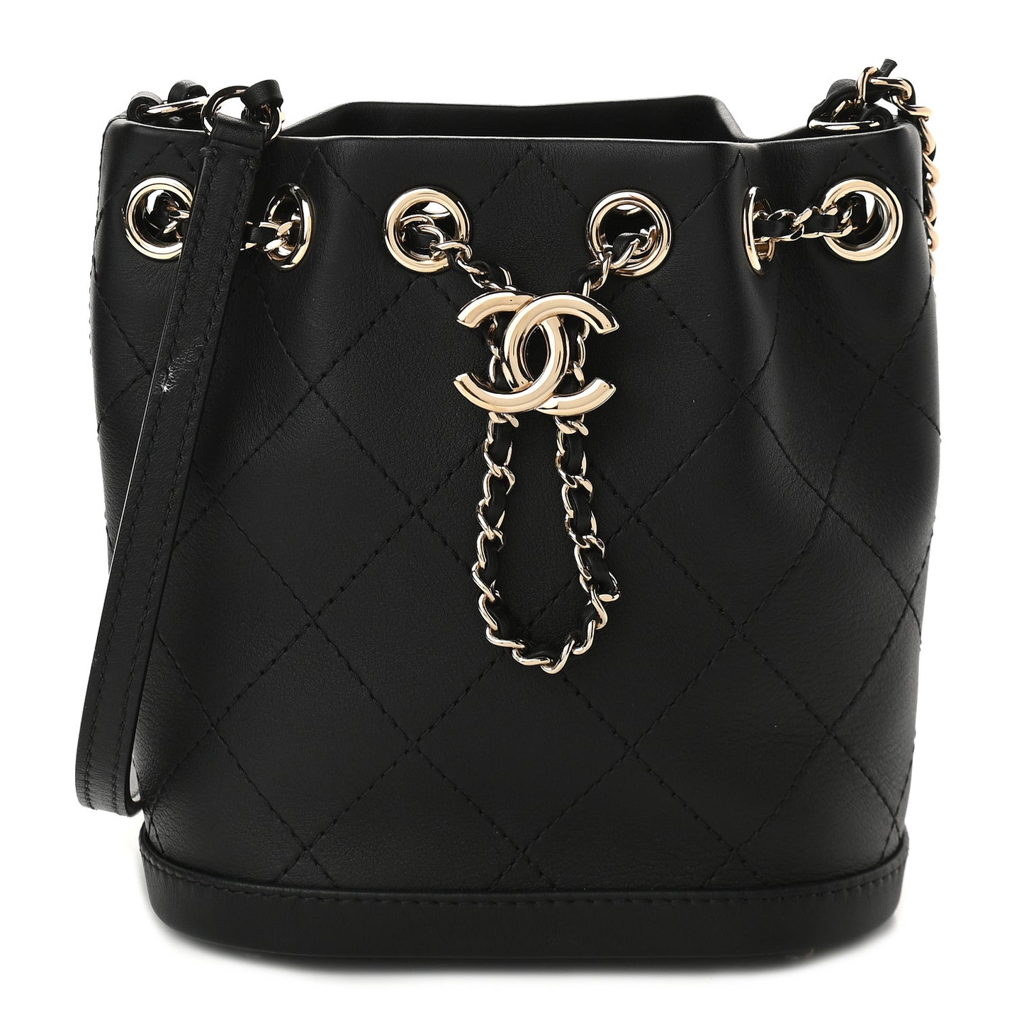 Calfskin Stitched Chain Bucket Bag Black