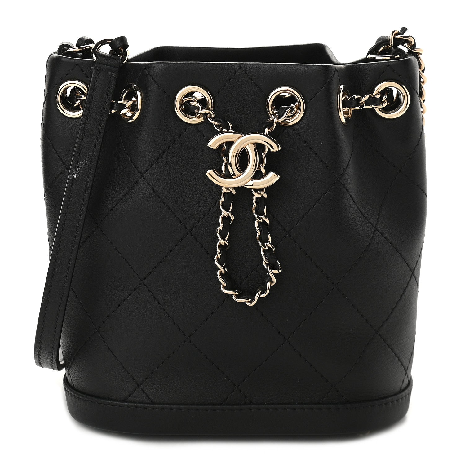 Chanel Calfskin Stitched Chain Bucket Bag Black 1 of 9
