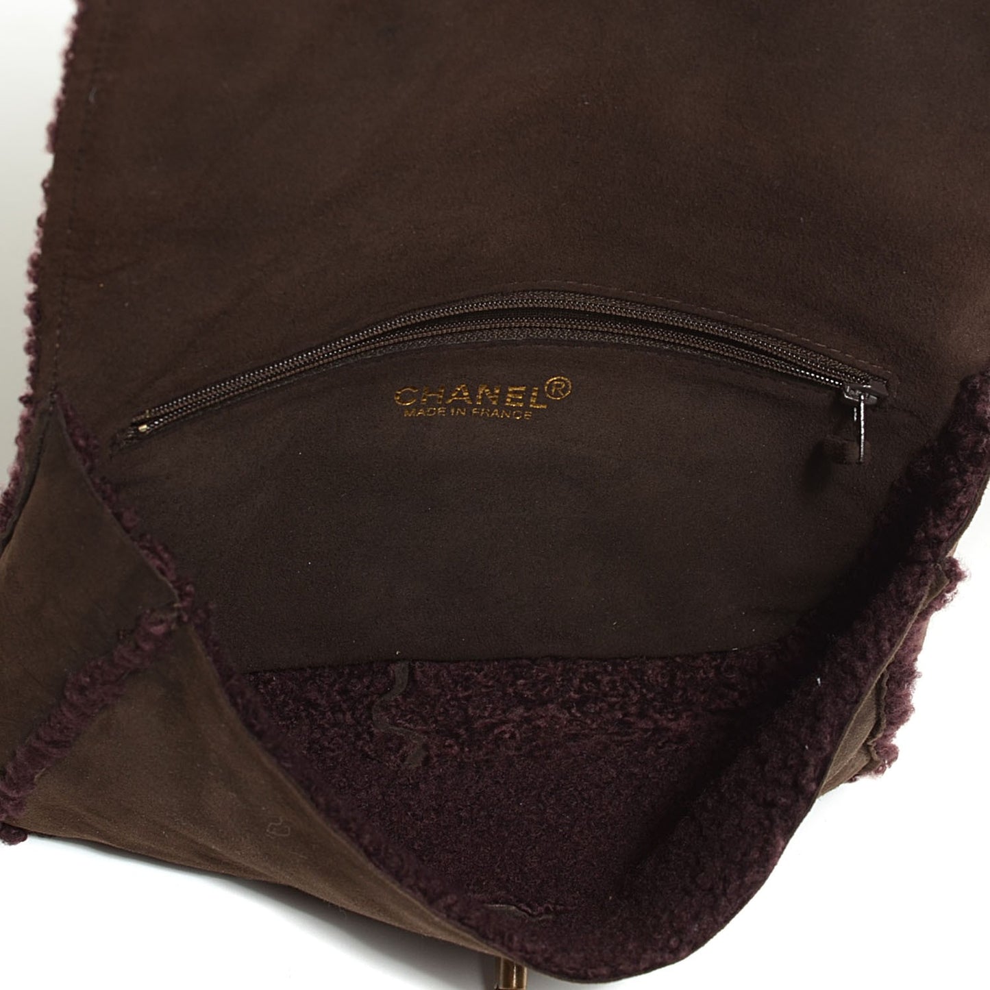 Suede Shearling Flap Clutch Brown Purple