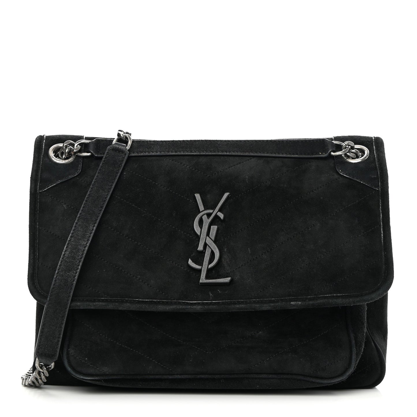Suede Monogram Medium Niki Chain Satchel Black