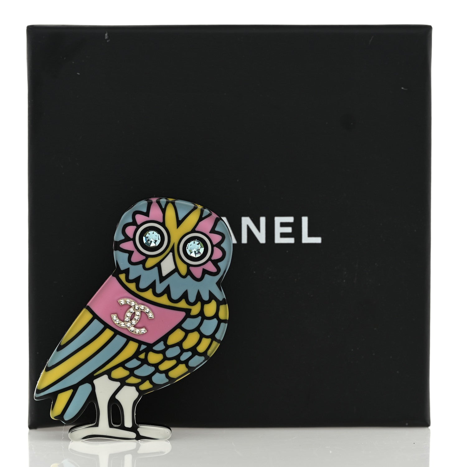 Chanel Resin Crystal Owl CC Brooch Blue Yellow Golden 4 of 4