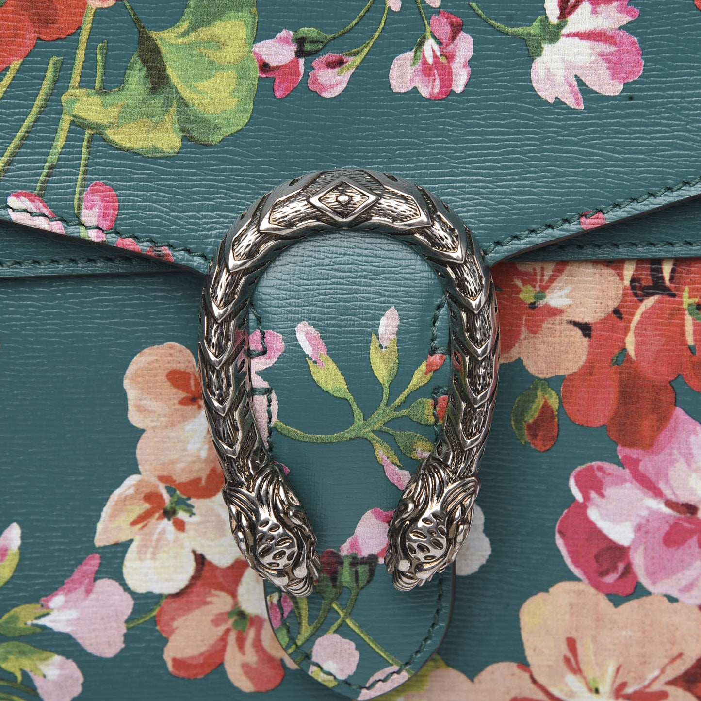 Calfskin Blooms Print Medium Dionysus Shoulder Bag Bright Emerald Multicolor